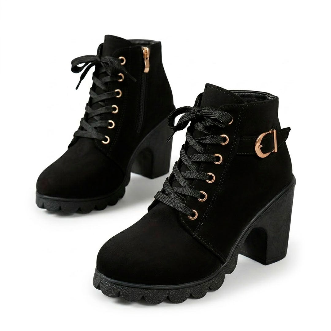 Women's Black Matte Finish Chunky Heeled Ankle Boots Corvine