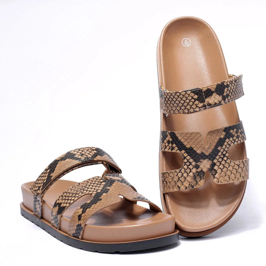 Women's Brown Snake Print Slide Sandals Corvine