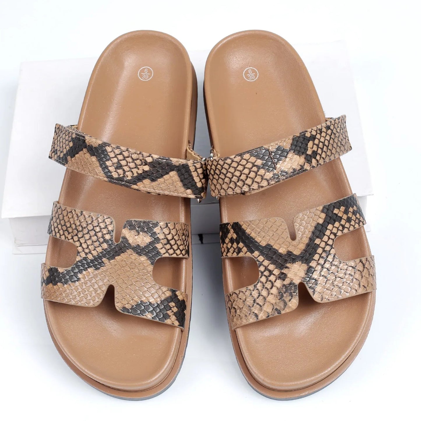 Women's Brown Snake Print Slide Sandals Corvine