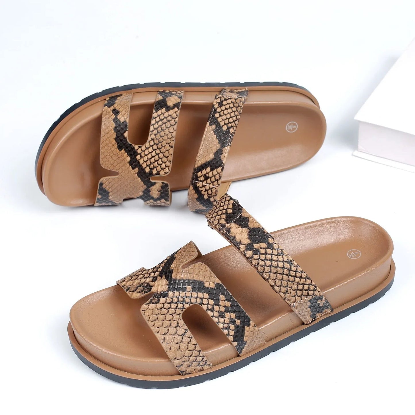 Women's Brown Snake Print Slide Sandals Corvine