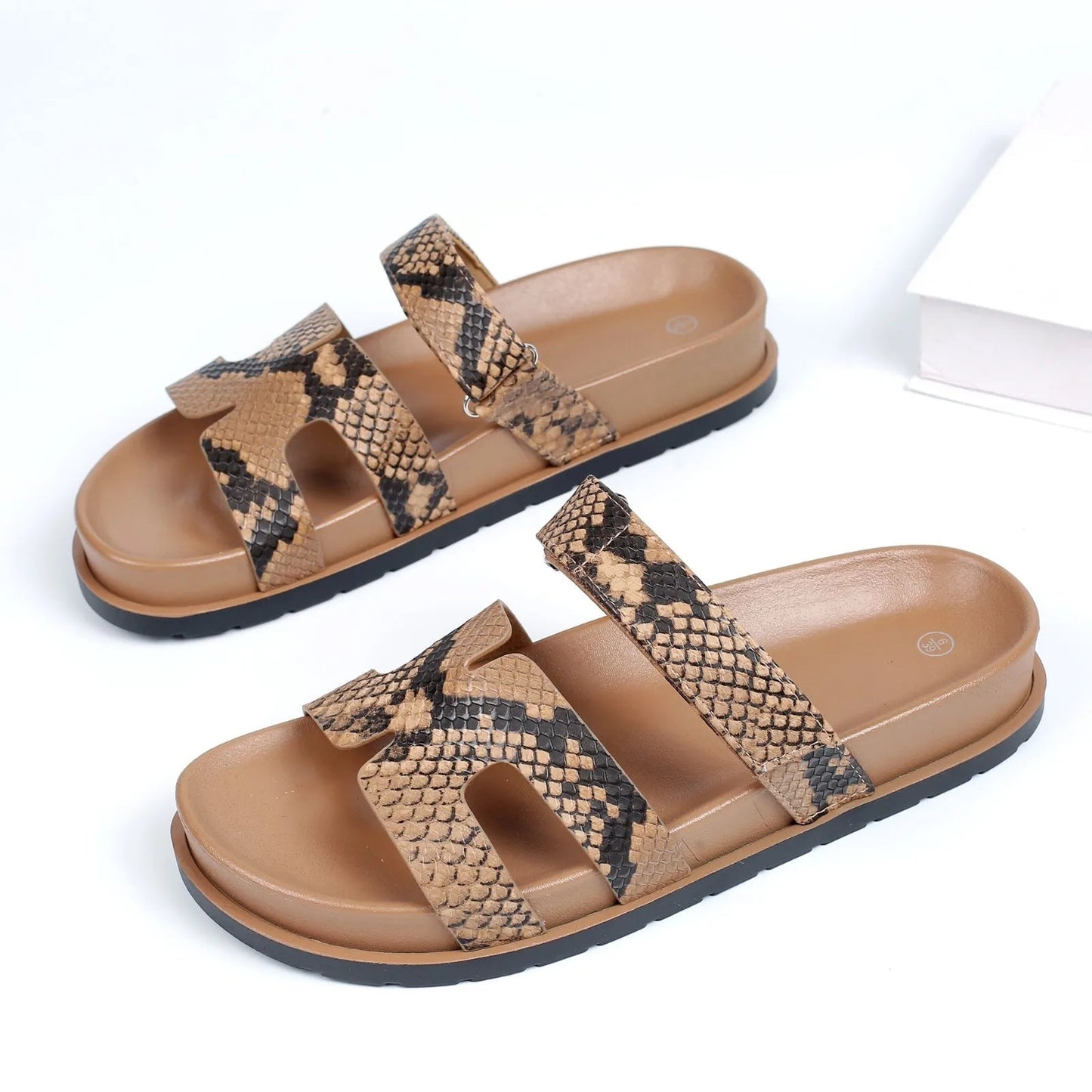 Women's Brown Snake Print Slide Sandals Corvine