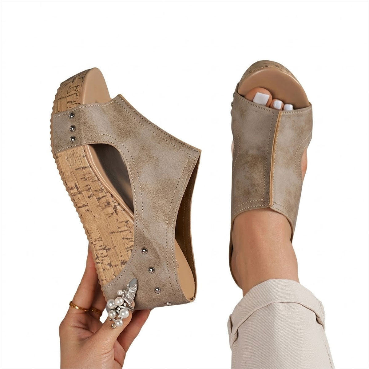 Women's Cork-Effect Wedge Mule Shoes Corvine