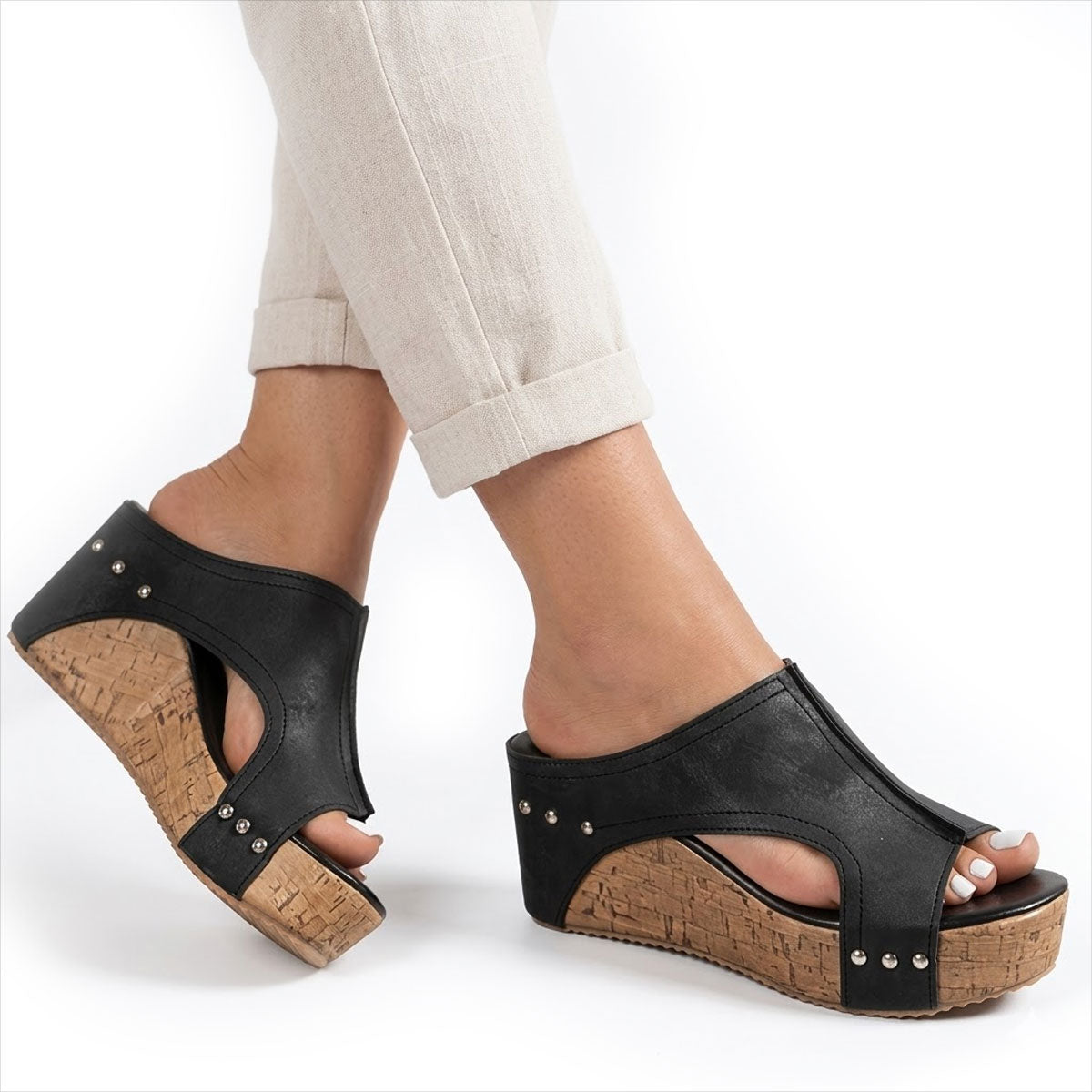 Women's Cork-Effect Wedge Mule Shoes Corvine
