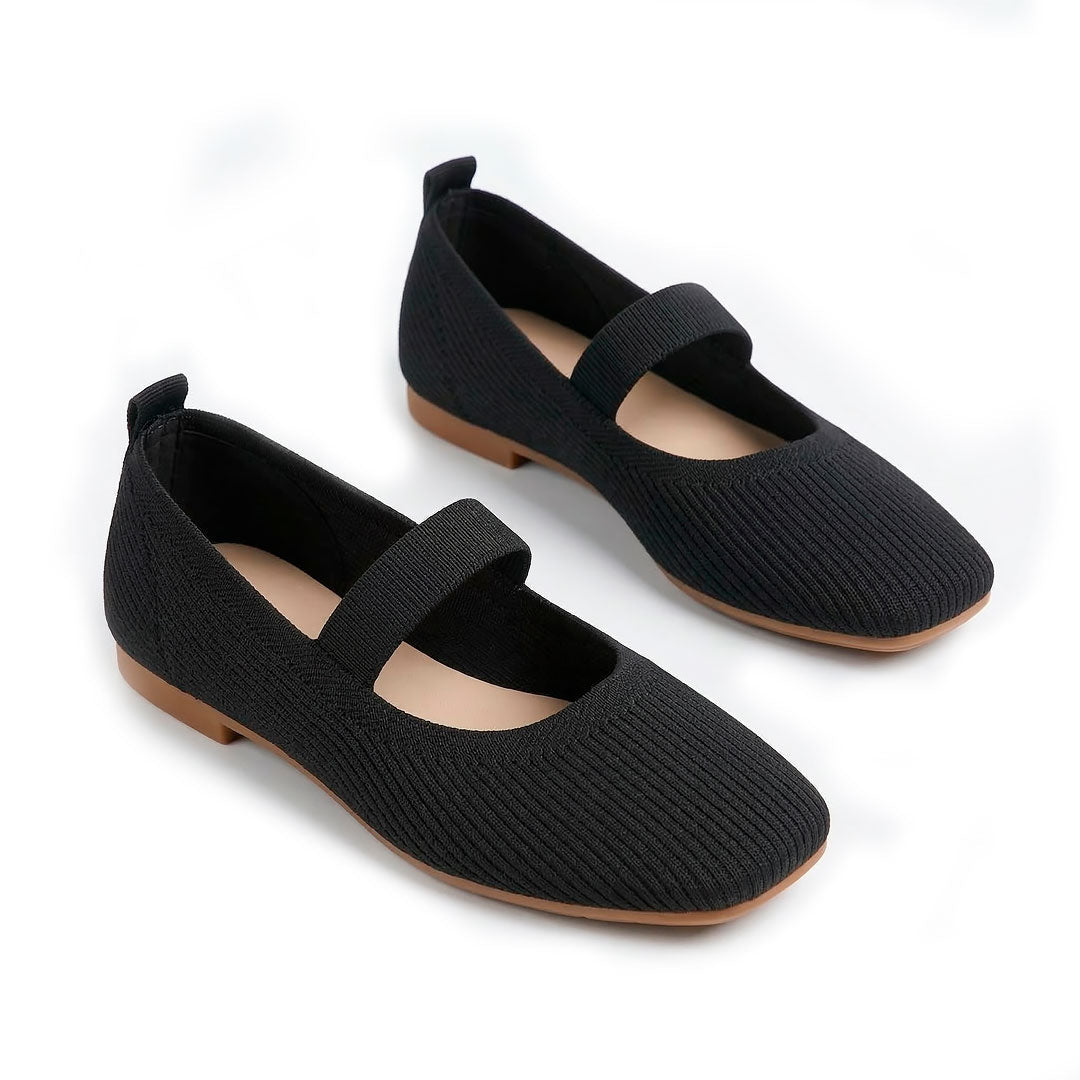 Women's Ribbed Knit Square-Toe Black Flats Corvine