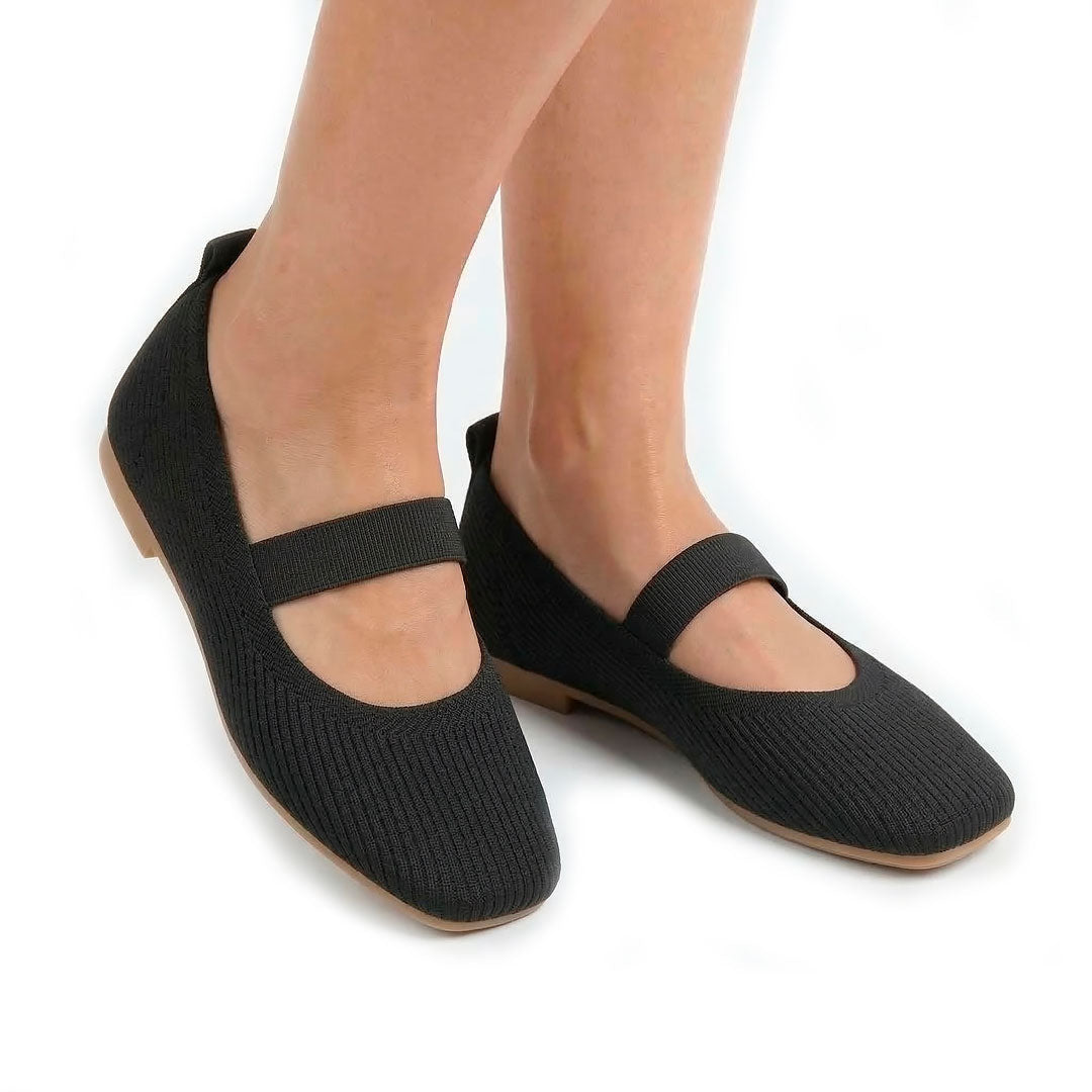 Women's Ribbed Knit Square-Toe Black Flats Corvine