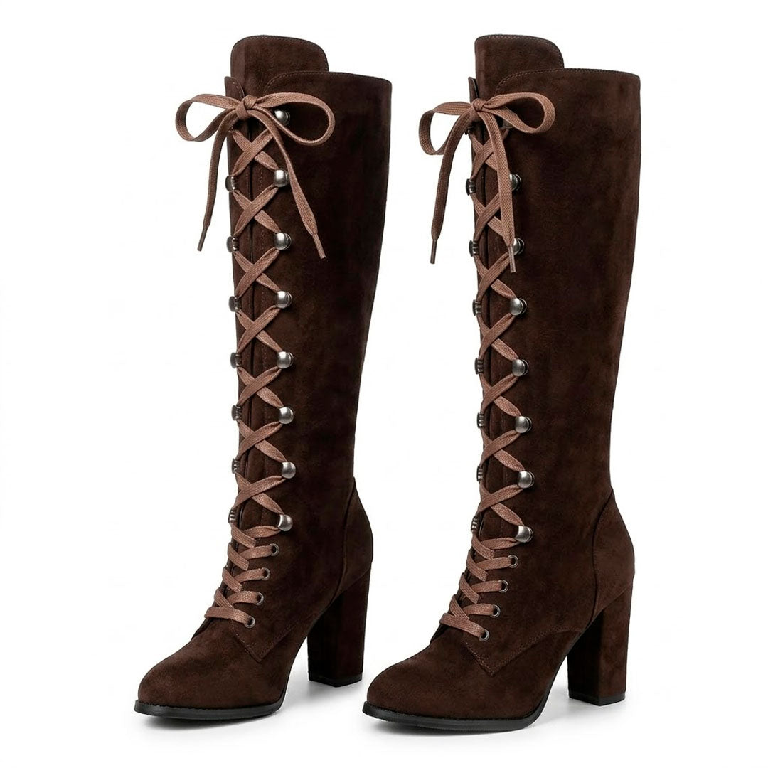 Women's Suede-Look Knee High Lace-Up Block Heel Boots Corvine