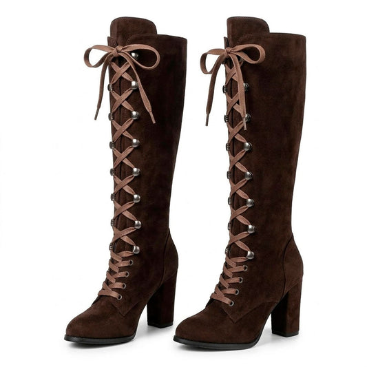 Women's Suede-Look Knee High Lace-Up Block Heel Boots Corvine