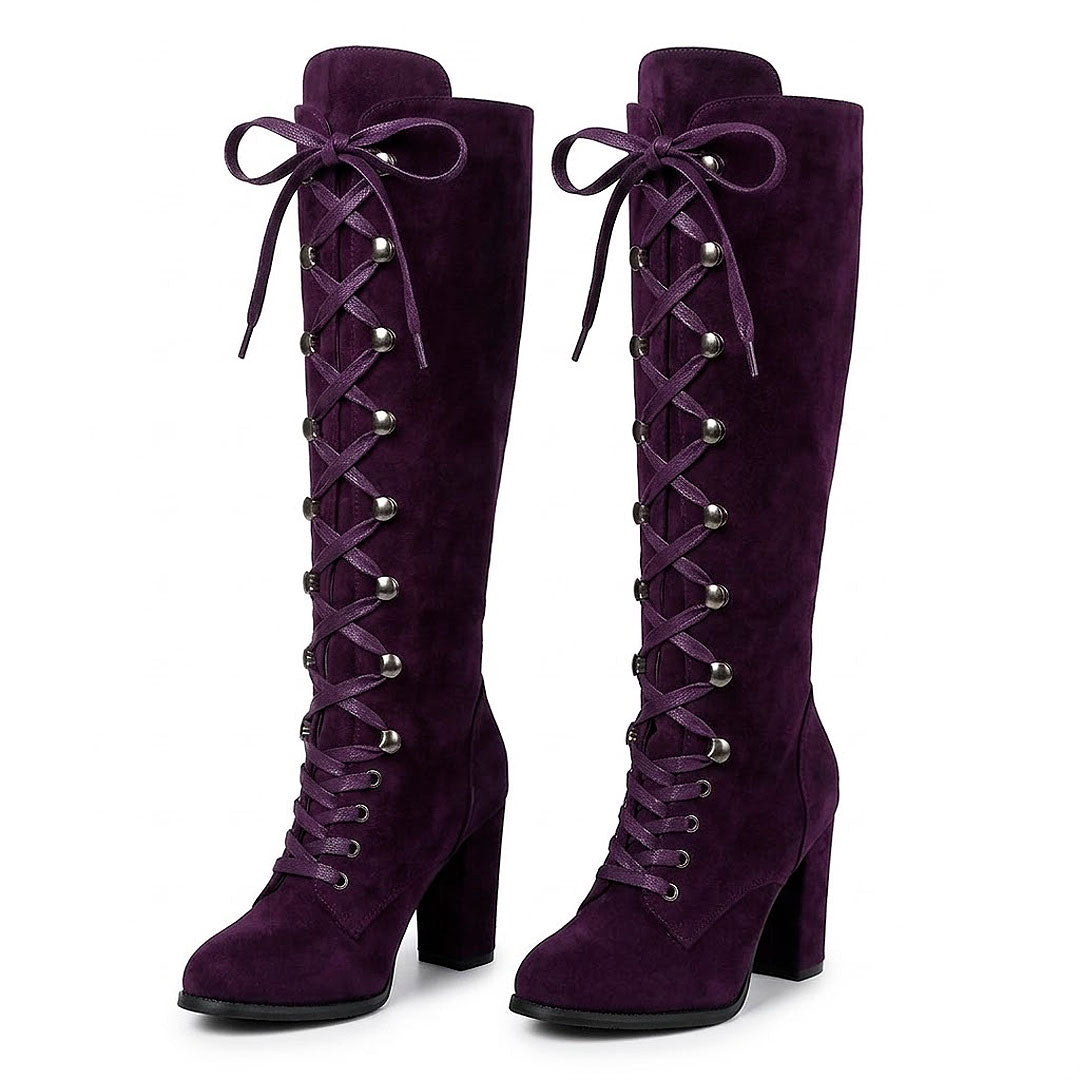 Women's Suede-Look Knee High Lace-Up Block Heel Boots Corvine