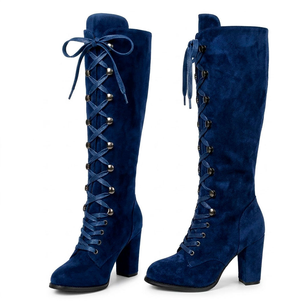 Women's Suede-Look Knee High Lace-Up Block Heel Boots Corvine