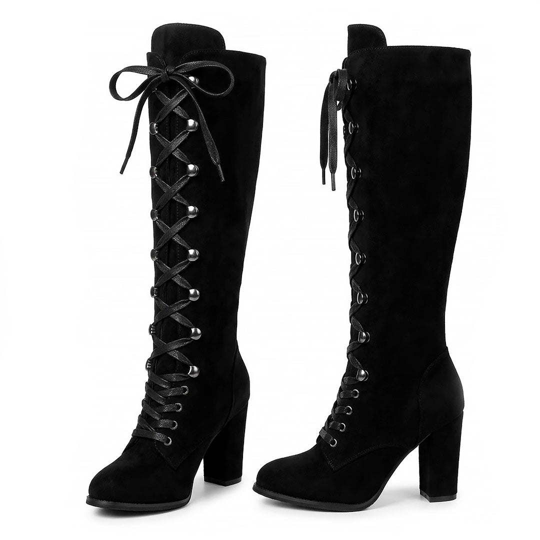 Women's Suede-Look Knee High Lace-Up Block Heel Boots Corvine
