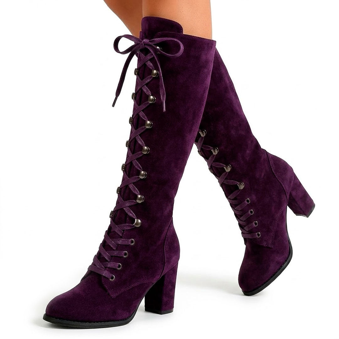 Women's Suede-Look Knee High Lace-Up Block Heel Boots Corvine
