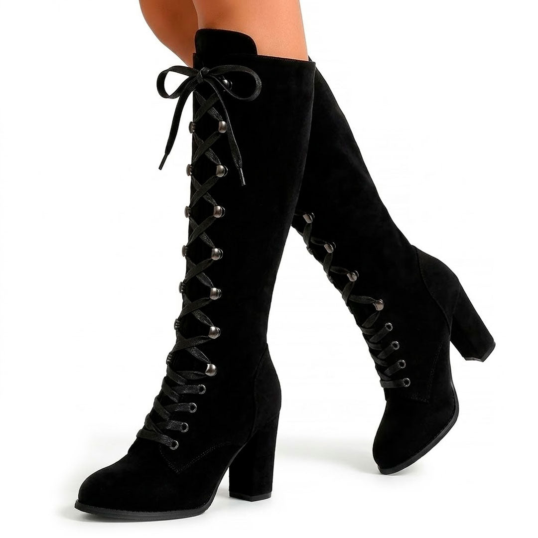 Women's Suede-Look Knee High Lace-Up Block Heel Boots Corvine