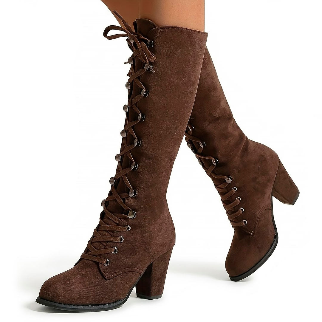 Women's Suede-Look Knee High Lace-Up Block Heel Boots Corvine